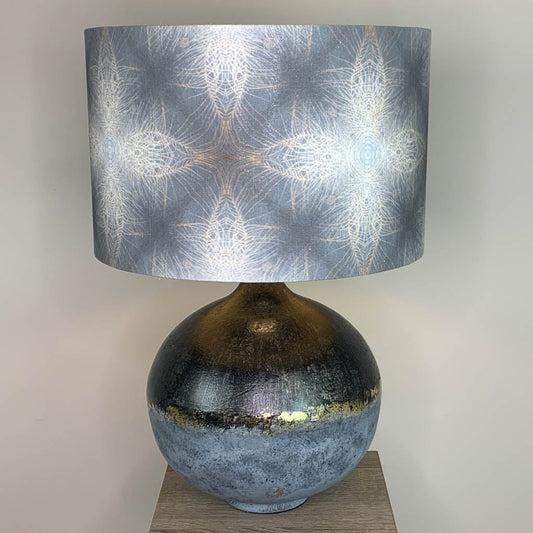 Dusk Loma Table Lamp with Julia Clare's Peacock Feather Linen in Warm Ash & Blue Shade