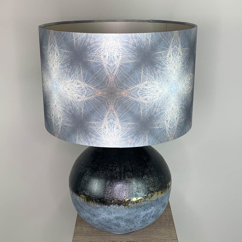 Dusk Loma Table Lamp with Julia Clare's Peacock Feather Linen in Warm Ash & Blue Shade