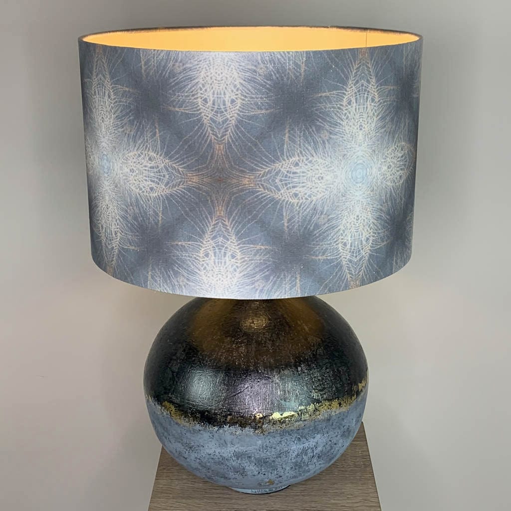 Dusk Loma Table Lamp with Julia Clare's Peacock Feather Linen in Warm Ash & Blue Shade