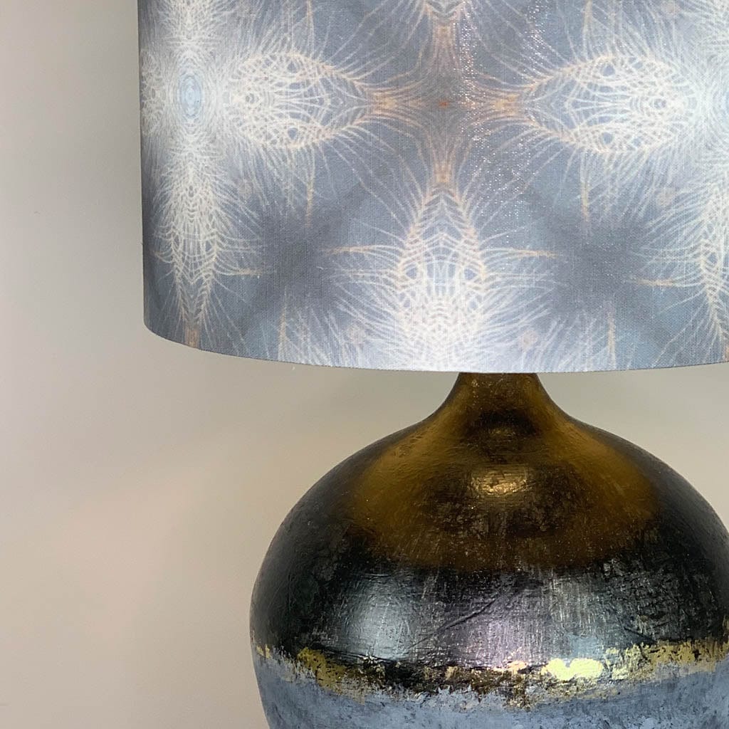 Dusk Loma Table Lamp with Julia Clare's Peacock Feather Linen in Warm Ash & Blue Shade