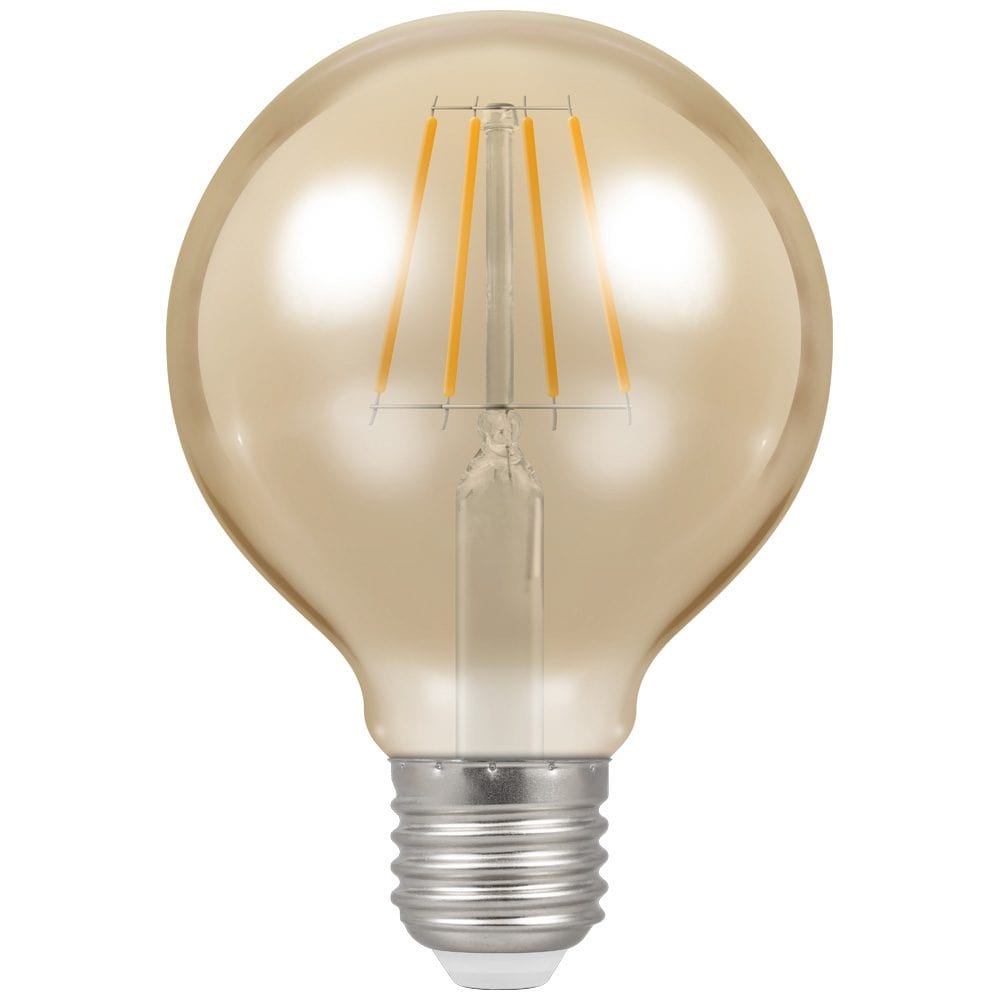 An E27 amber-colored globe LED light bulb with a dimmable feature