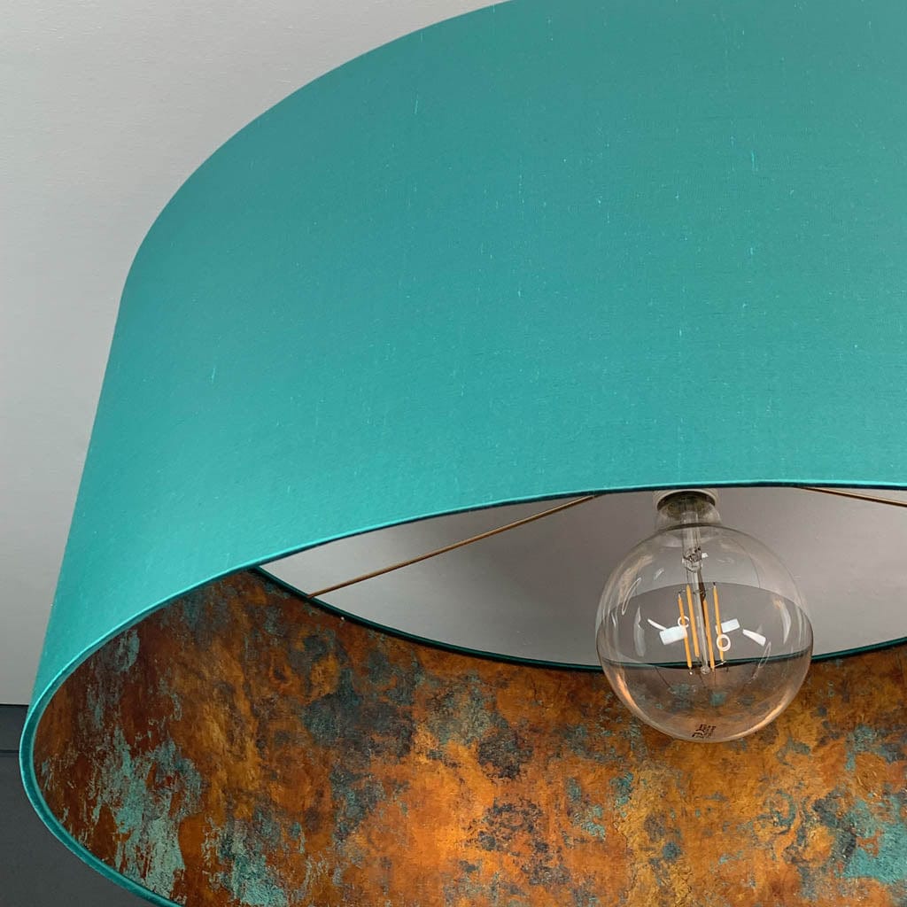 Elfin Teal Silk Pendant Shade with Copper & Teal Metallic Wallpaper Lining