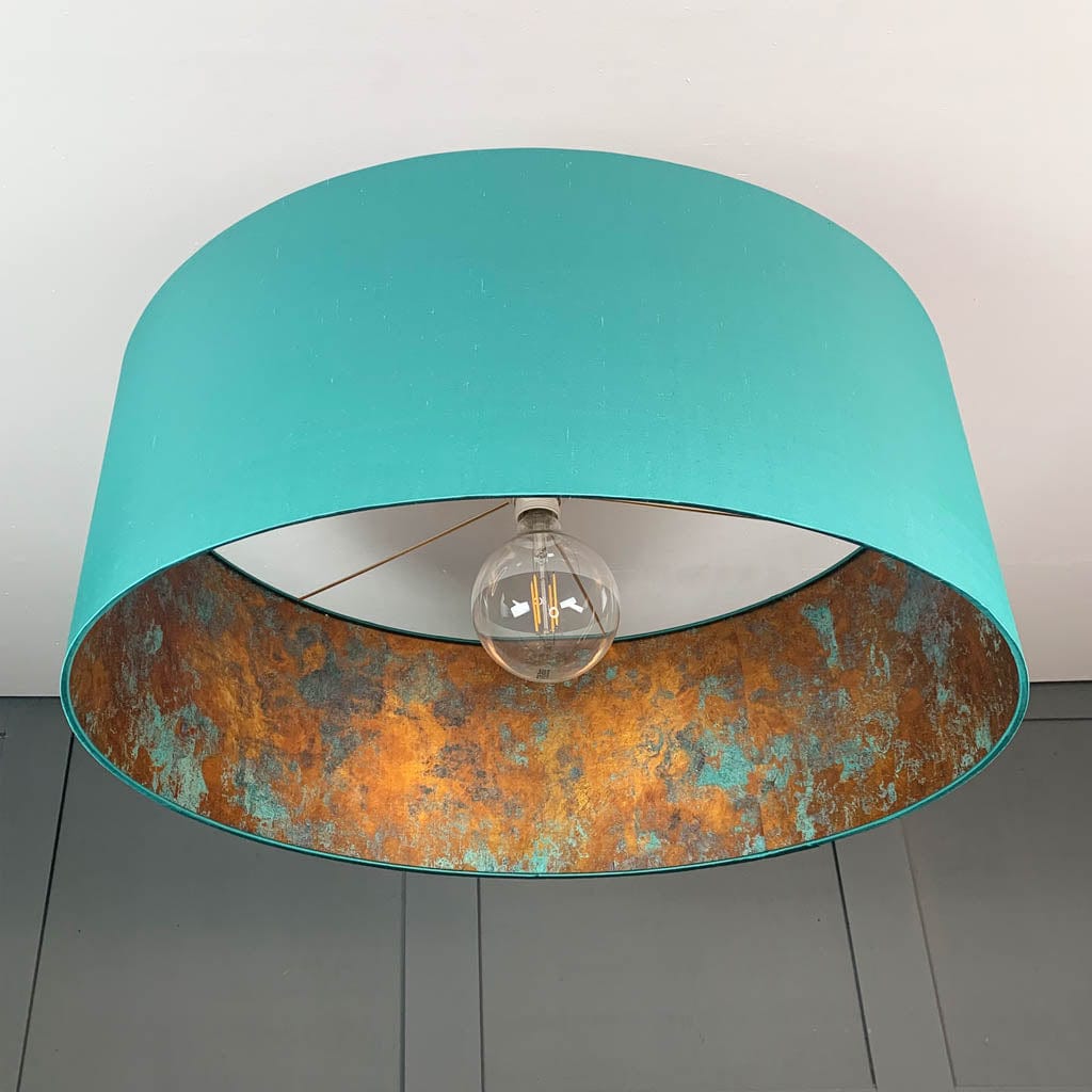 Elfin Teal Silk Pendant Shade with Copper & Teal Metallic Wallpaper Lining