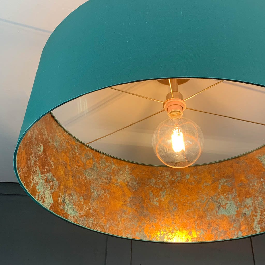 Elfin Teal Silk Pendant Shade with Copper & Teal Metallic Wallpaper Lining