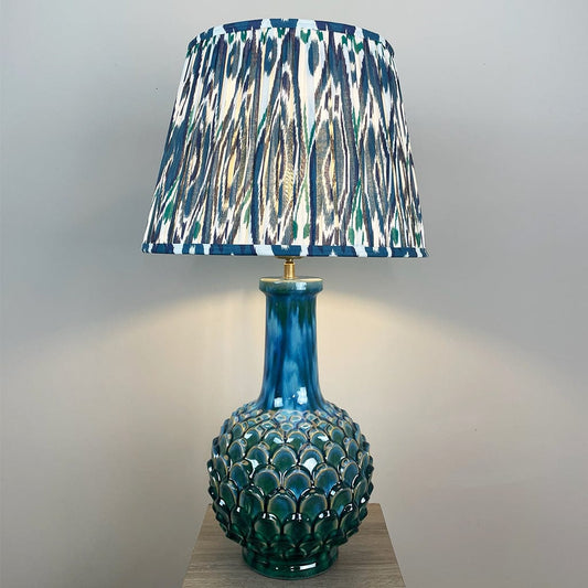 Edlyn Blue Green Ceramic Table Lamp with Ocean Blue Ikat Tapered Shade