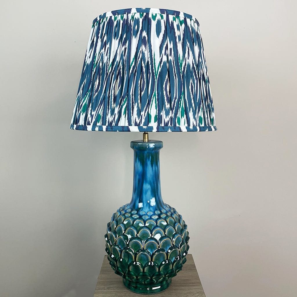 Edlyn Blue Green Ceramic Table Lamp with Ocean Blue Ikat Tapered Shade