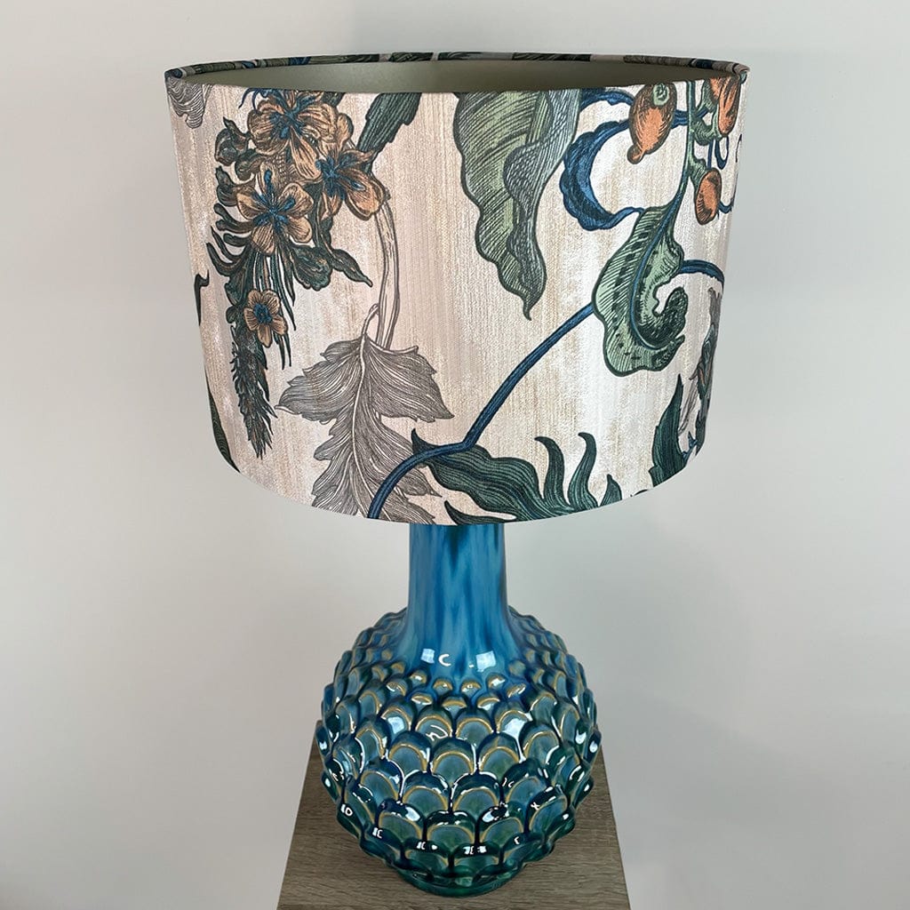 Edlyn Blue Green Ceramic Table Lamp with Timorous Beasties Epic Botanic Blue Rust Shade