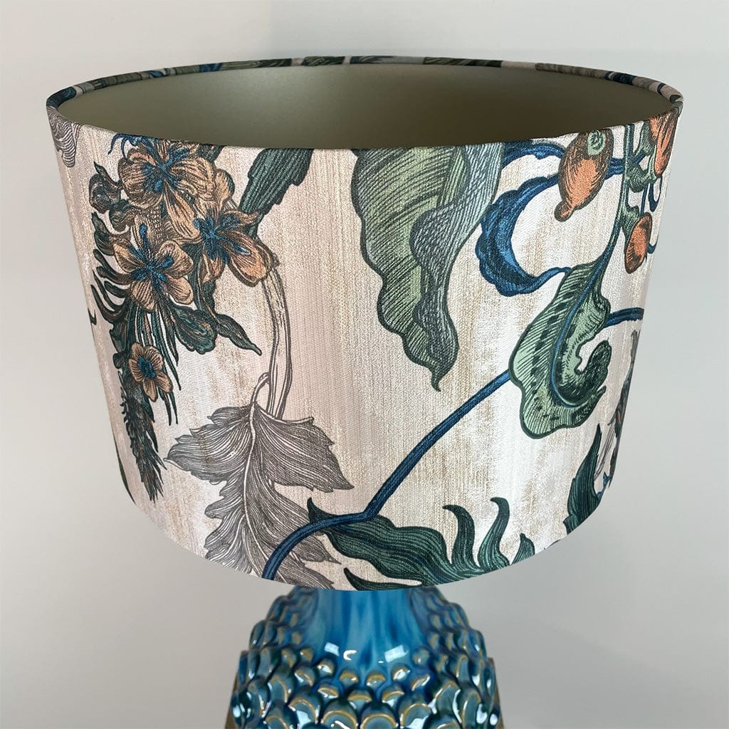 Edlyn Blue Green Ceramic Table Lamp with Timorous Beasties Epic Botanic Blue Rust Shade