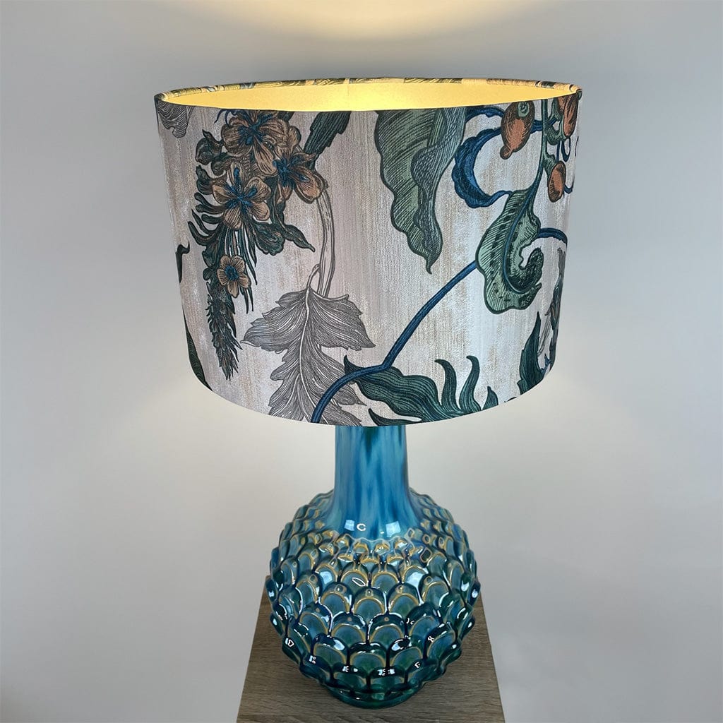 Edlyn Blue Green Ceramic Table Lamp with Timorous Beasties Epic Botanic Blue Rust Shade
