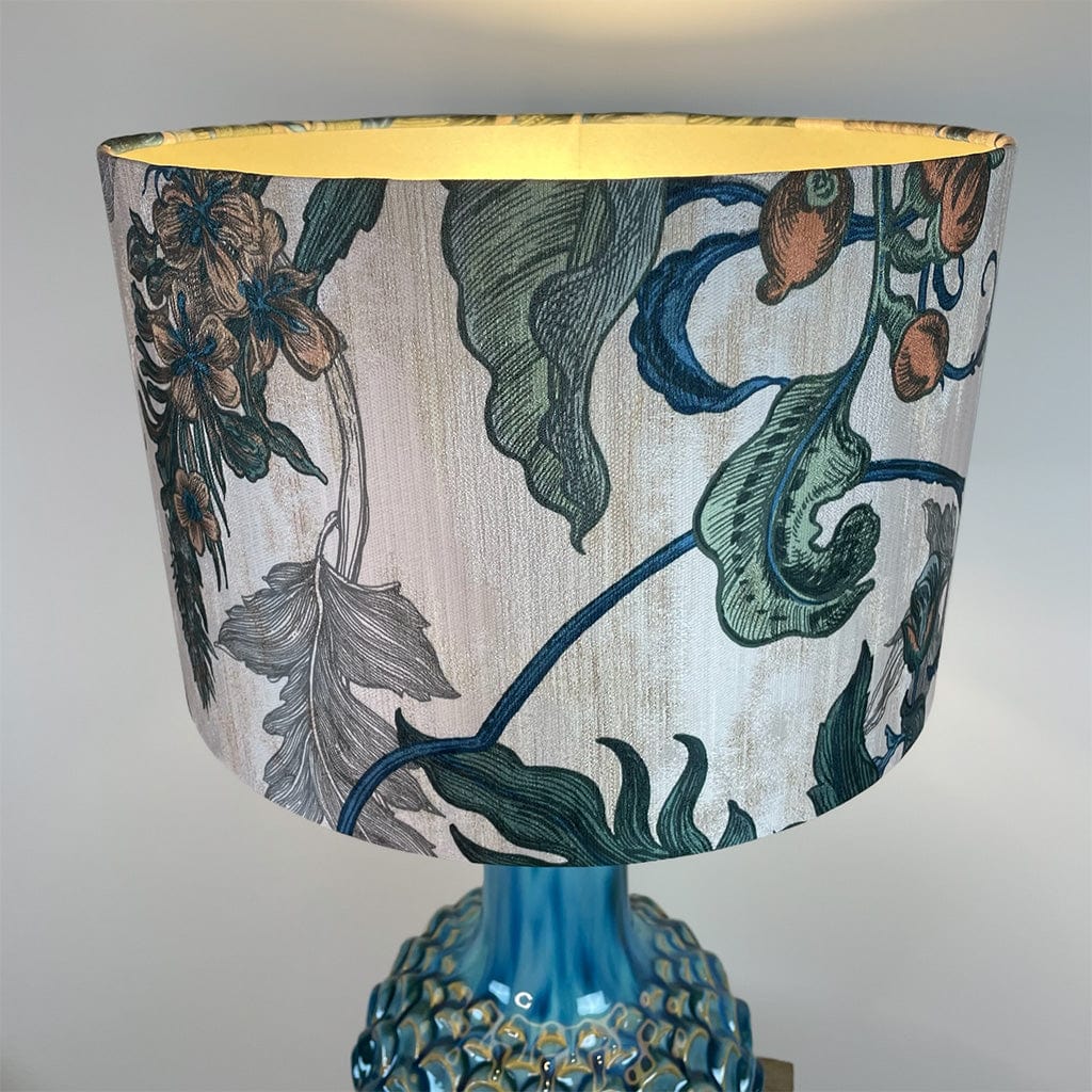 Edlyn Blue Green Ceramic Table Lamp with Timorous Beasties Epic Botanic Blue Rust Shade