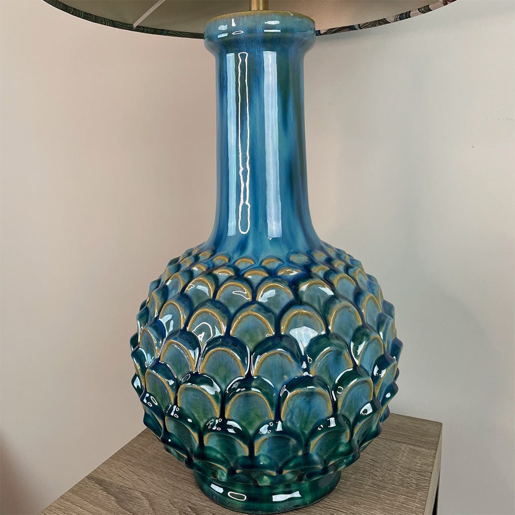 Edlyn Blue Green Ceramic Table Lamp with Timorous Beasties Epic Botanic Blue Rust Shade