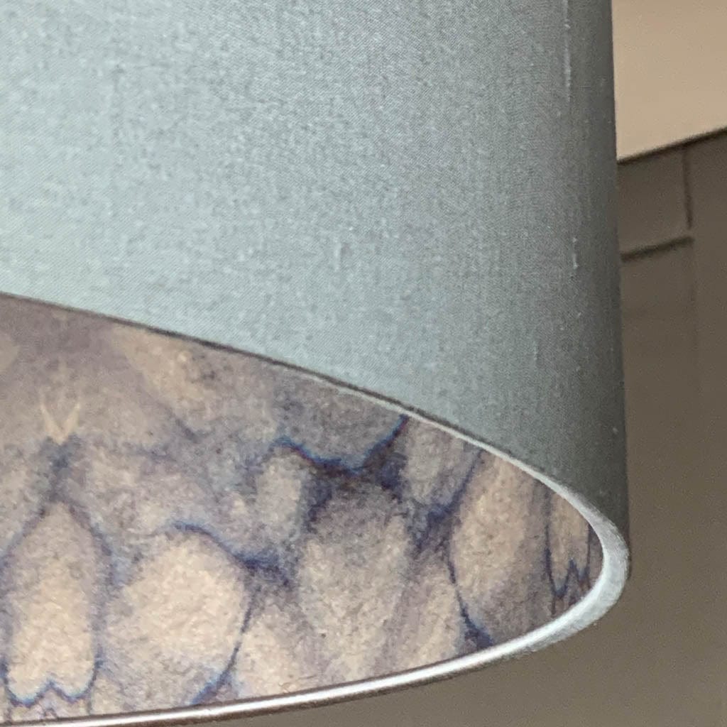 Blue Grey Lunar Silk Pendant Shade with Julia Clare's Underworld Ripples Ink Wallpaper Lining