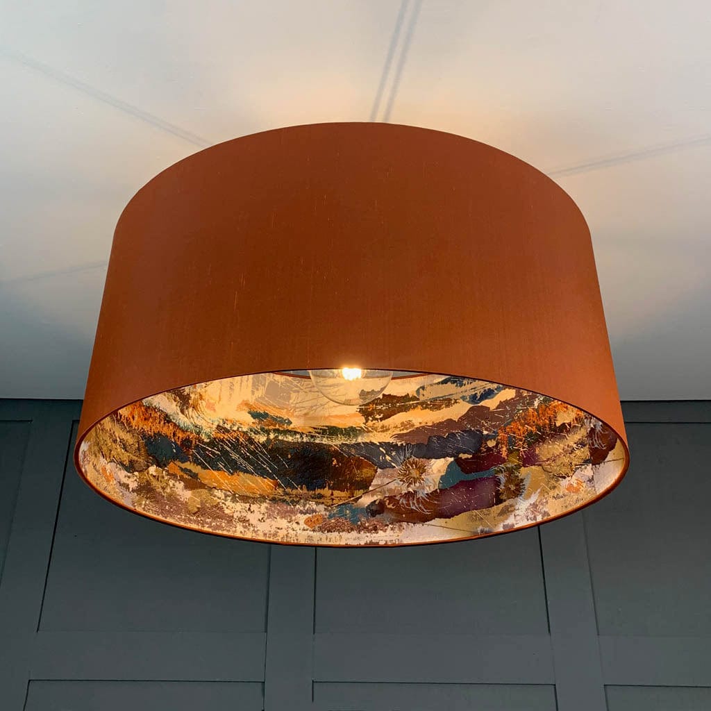 Burnt Orange Silk Pendant Shade with Mairi Helena Mirrored Storm Linen Lining