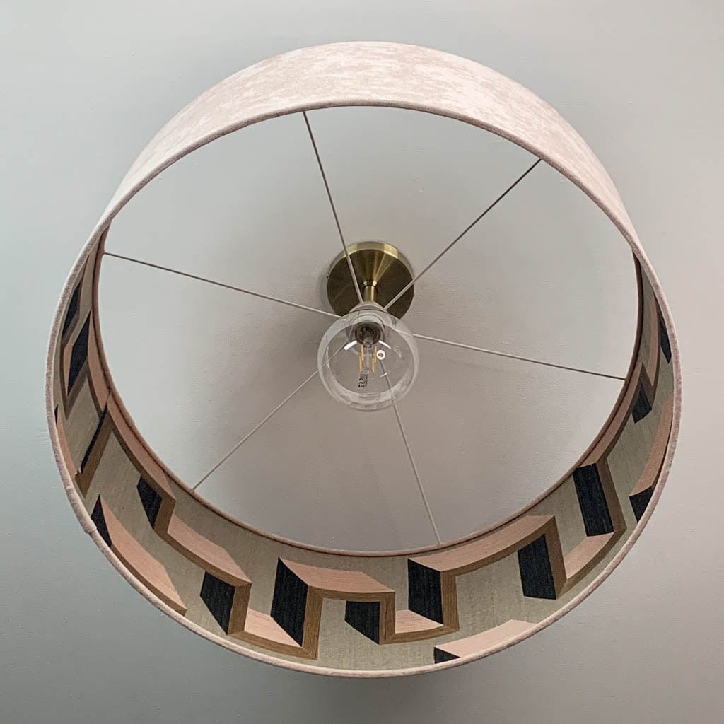 Dusky Pink Velvet Pendant Shade with Arte Detour Wallpaper Lining