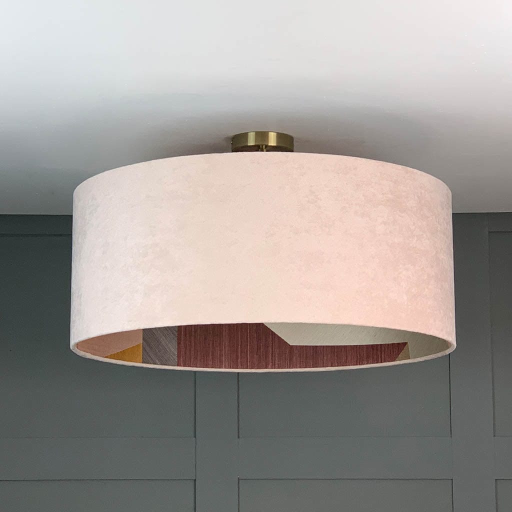 Dusky Pink Velvet Pendant Shade with Arte Puzzle Wallpaper Lining