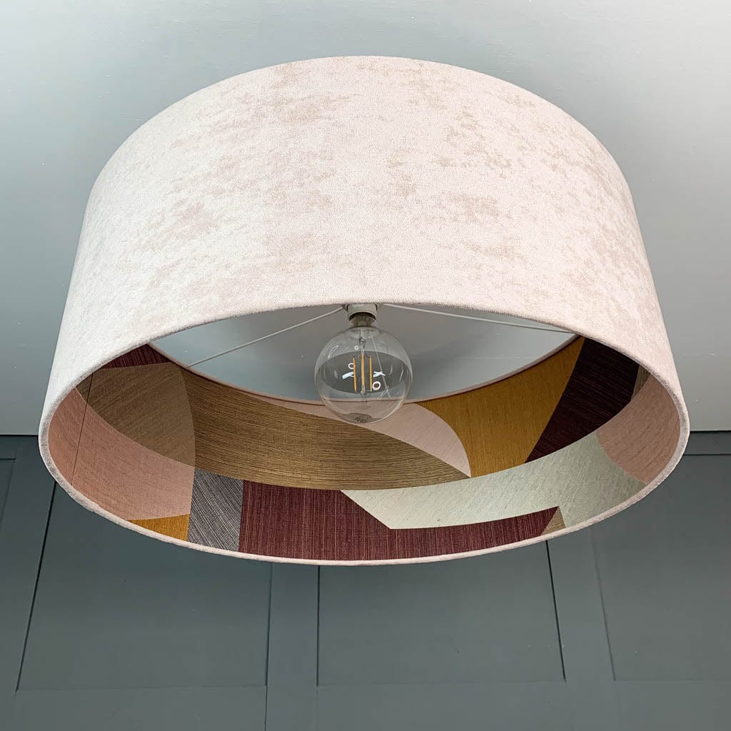 Dusky Pink Velvet Pendant Shade with Arte Puzzle Wallpaper Lining