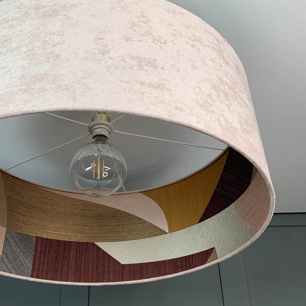 Dusky Pink Velvet Pendant Shade with Arte Puzzle Wallpaper Lining