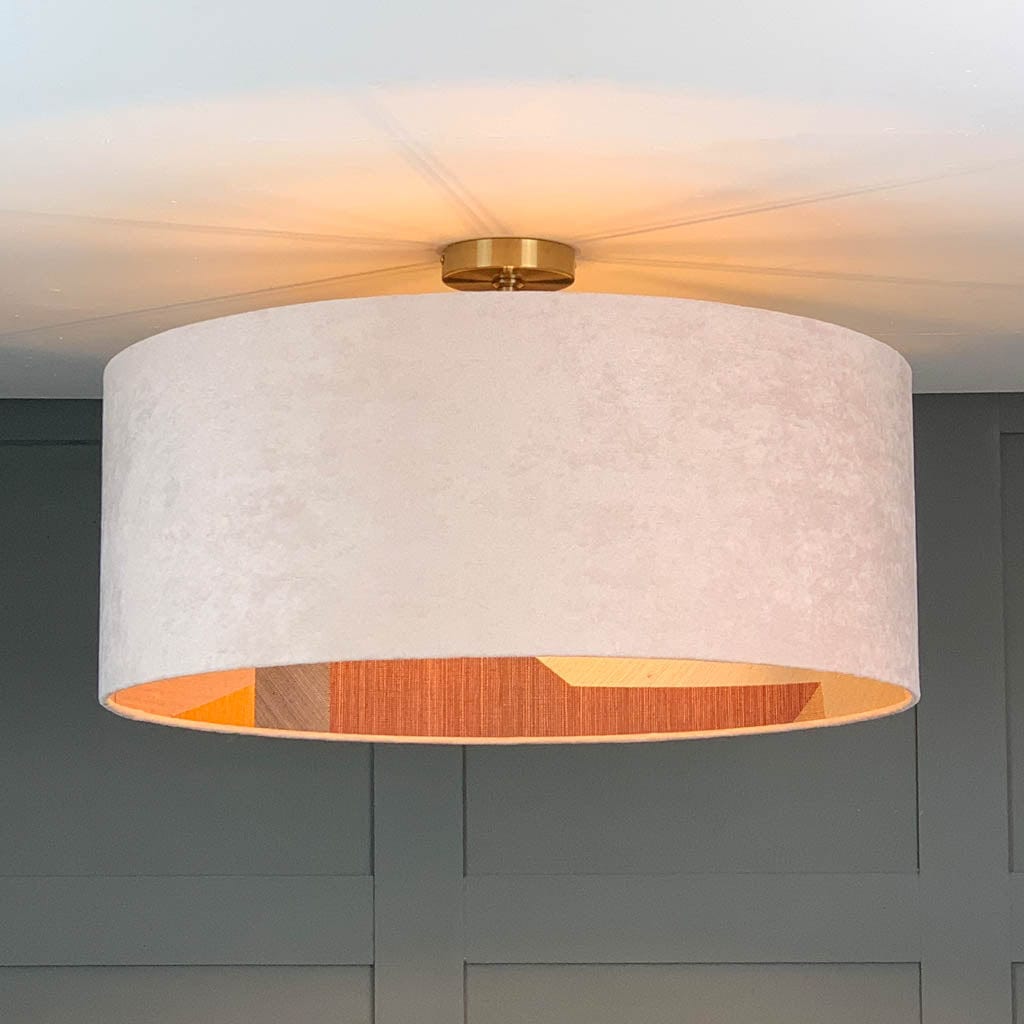 Dusky Pink Velvet Pendant Shade with Arte Puzzle Wallpaper Lining