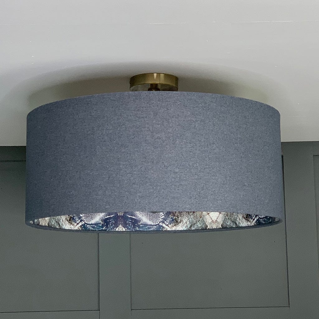 Finlay Denim Pendant Shade with Mairi Helena Scottish Flora Bronze Flush Wallpaper Lining