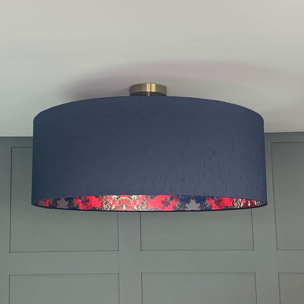 James Hare Astor Navy Faux Silk Shade with Mairi Helena Whispering Bramble Wallpaper Lining