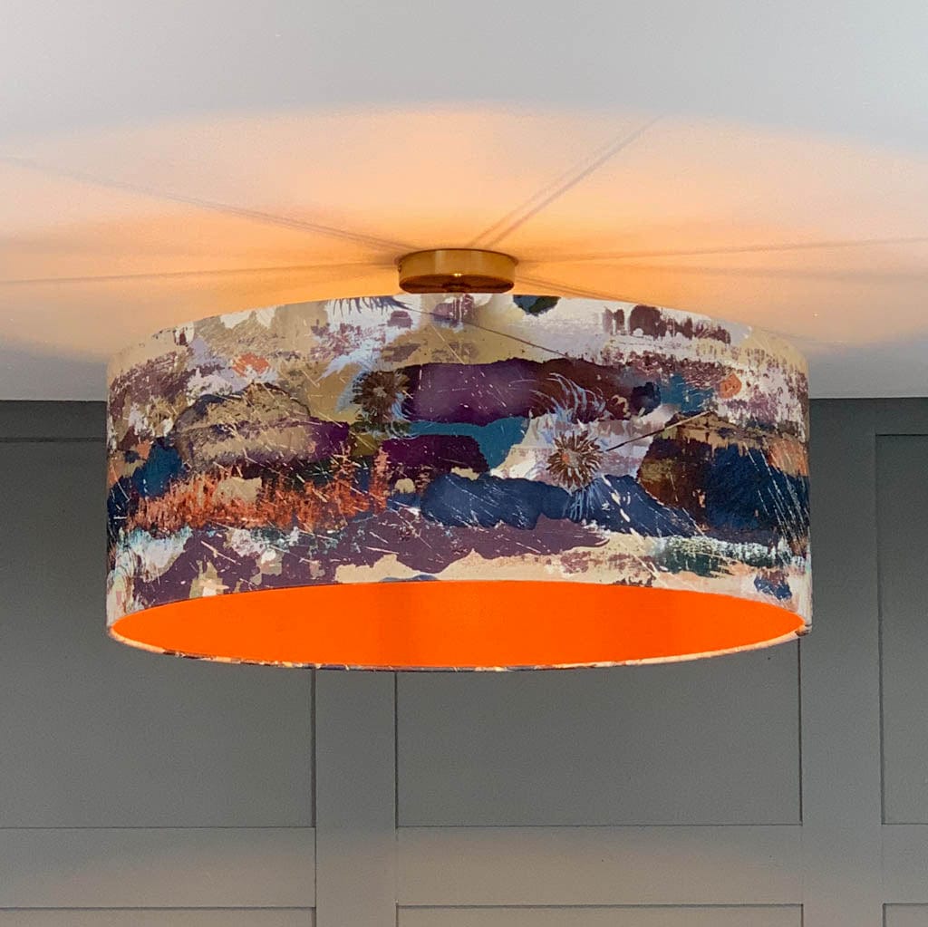 Mairi Helena Mirrored Storm Linen Dark Pendant Shade with Burnt Orange Silk Lining