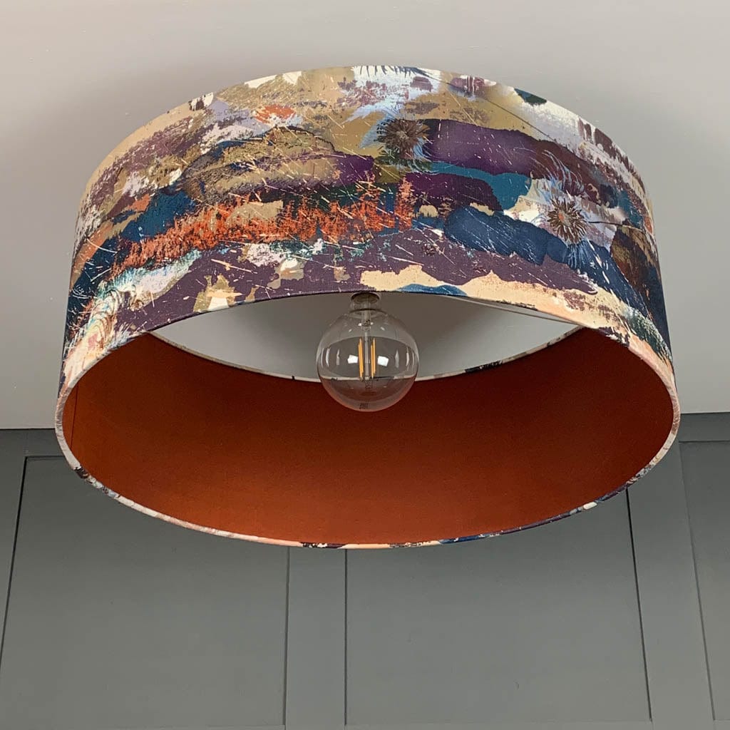 Mairi Helena Mirrored Storm Linen Dark Pendant Shade with Burnt Orange Silk Lining