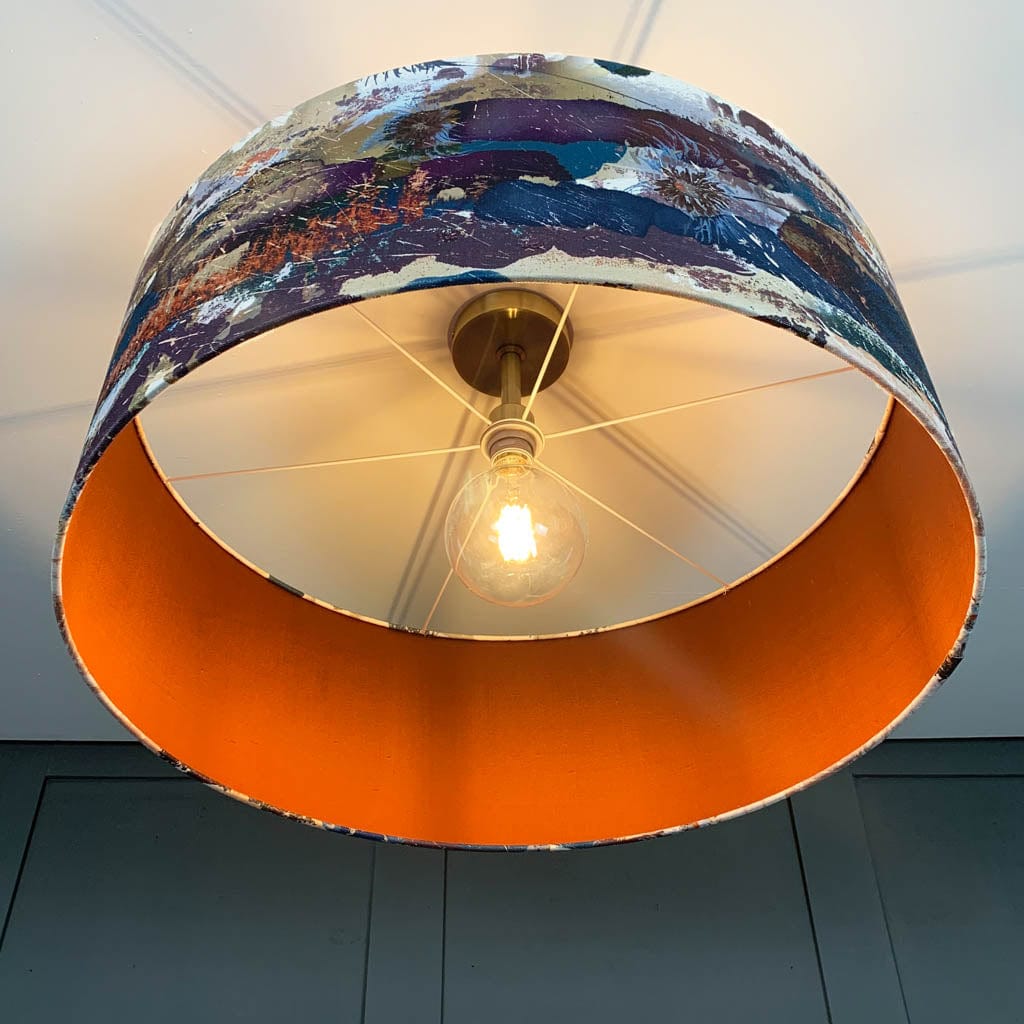 Mairi Helena Mirrored Storm Linen Dark Pendant Shade with Burnt Orange Silk Lining