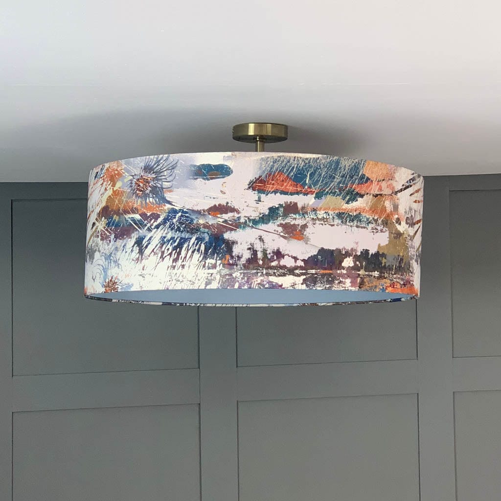 Mairi Helena Mirrored Storm Light Linen Pendant Shadewith Lunar Grey Blue Silk Lining