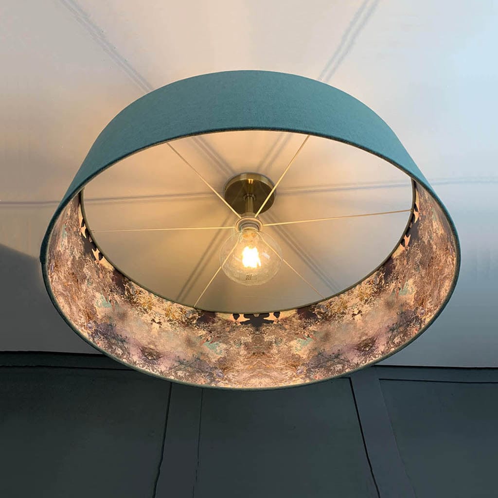 Oslo Spray Pendant Shade with Mairi Helena Hebridean Homelands Wallpaper Lining