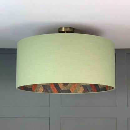 Saxon Glade Green Linen Pendant Shade with Anthology Escheresque Copper/Slate Cork Wallpaper Lining