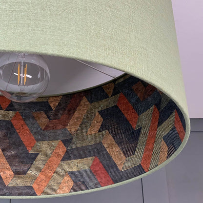 Saxon Glade Green Linen Pendant Shade with Anthology Escheresque Copper/Slate Cork Wallpaper Lining