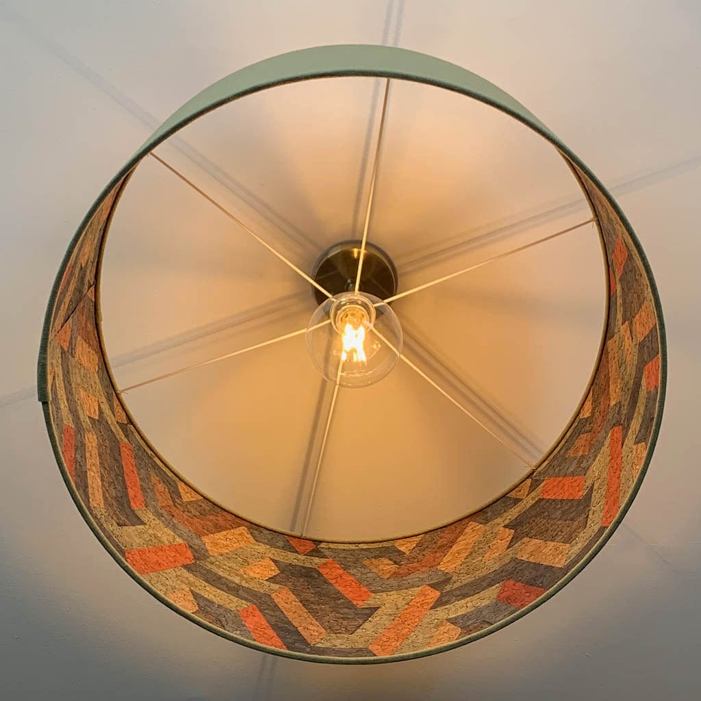 Saxon Glade Green Linen Pendant Shade with Anthology Escheresque Copper/Slate Cork Wallpaper Lining