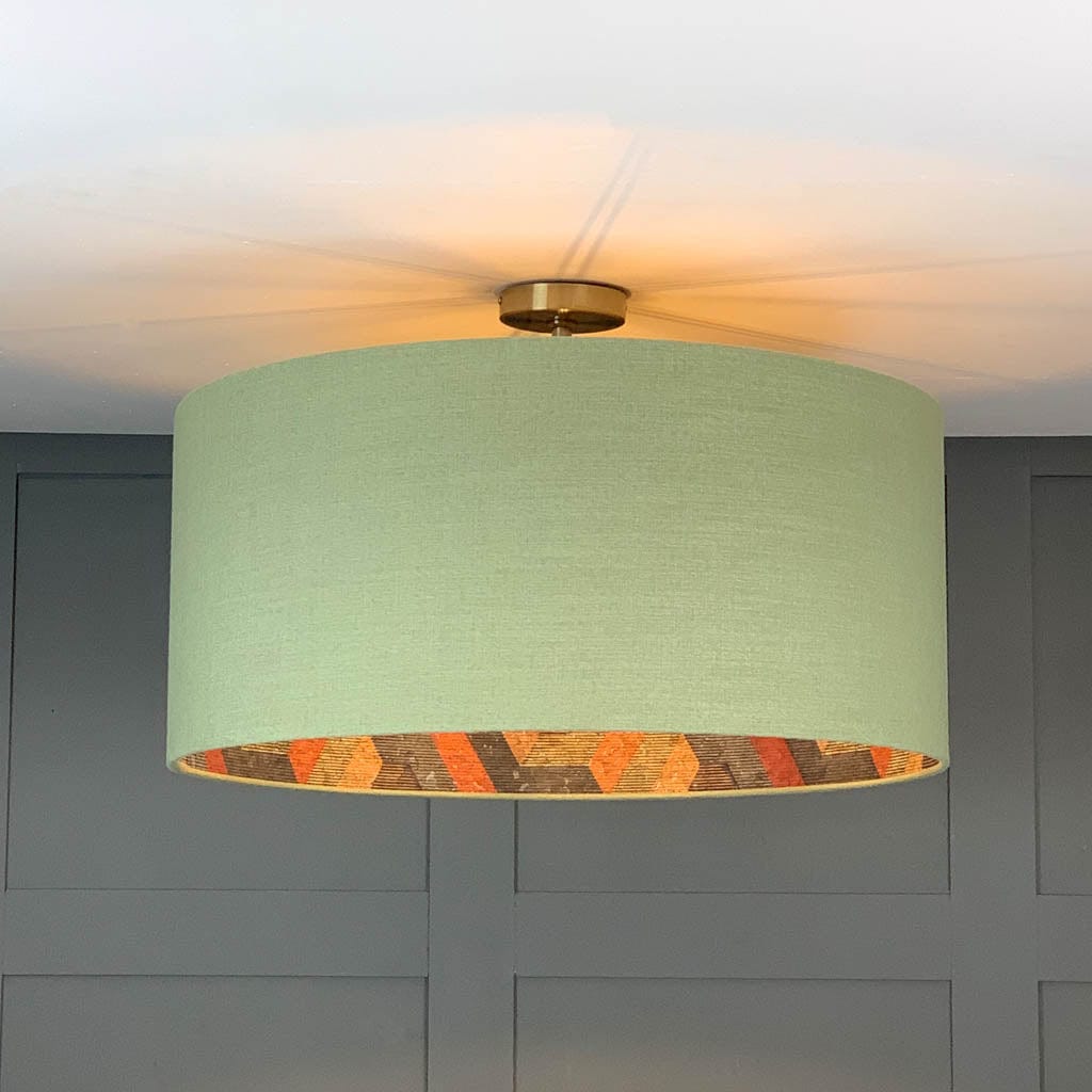 Saxon Glade Green Linen Pendant Shade with Anthology Escheresque Copper/Slate Cork Wallpaper Lining