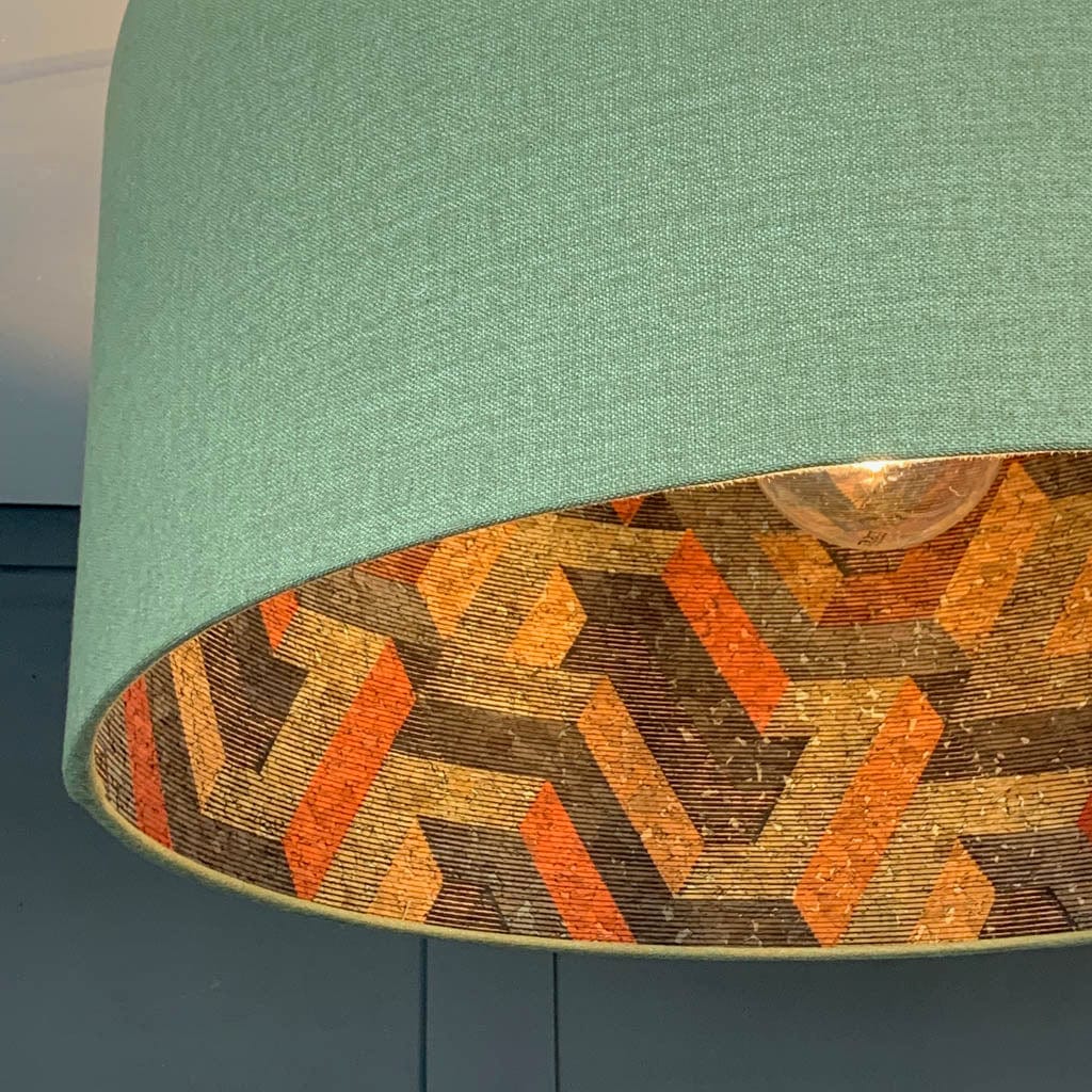 Saxon Glade Green Linen Pendant Shade with Anthology Escheresque Copper/Slate Cork Wallpaper Lining