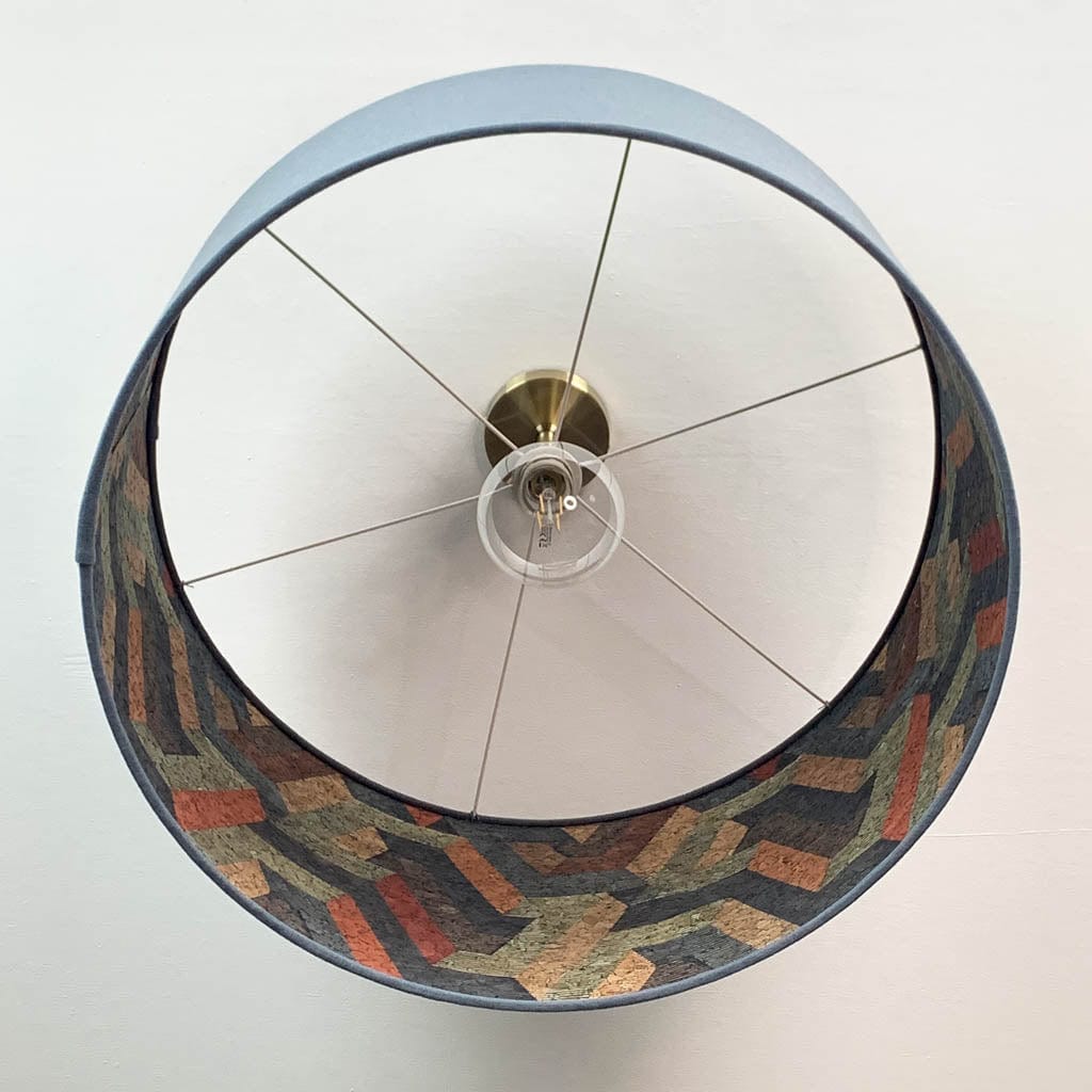 Saxon Slate Linen Pendant Shade with Anthology Escheresque Copper/Slate Cork Wallpaper Lining