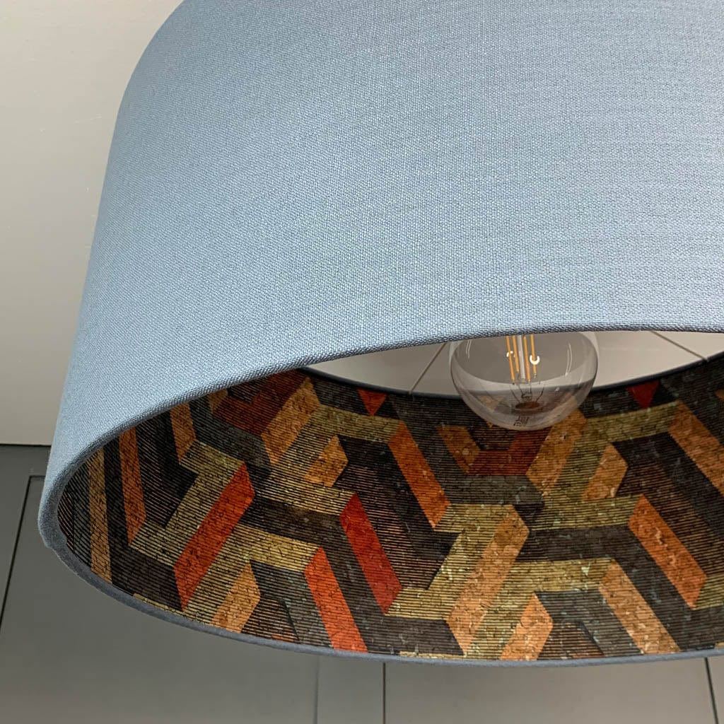 Saxon Slate Linen Pendant Shade with Anthology Escheresque Copper/Slate Cork Wallpaper Lining