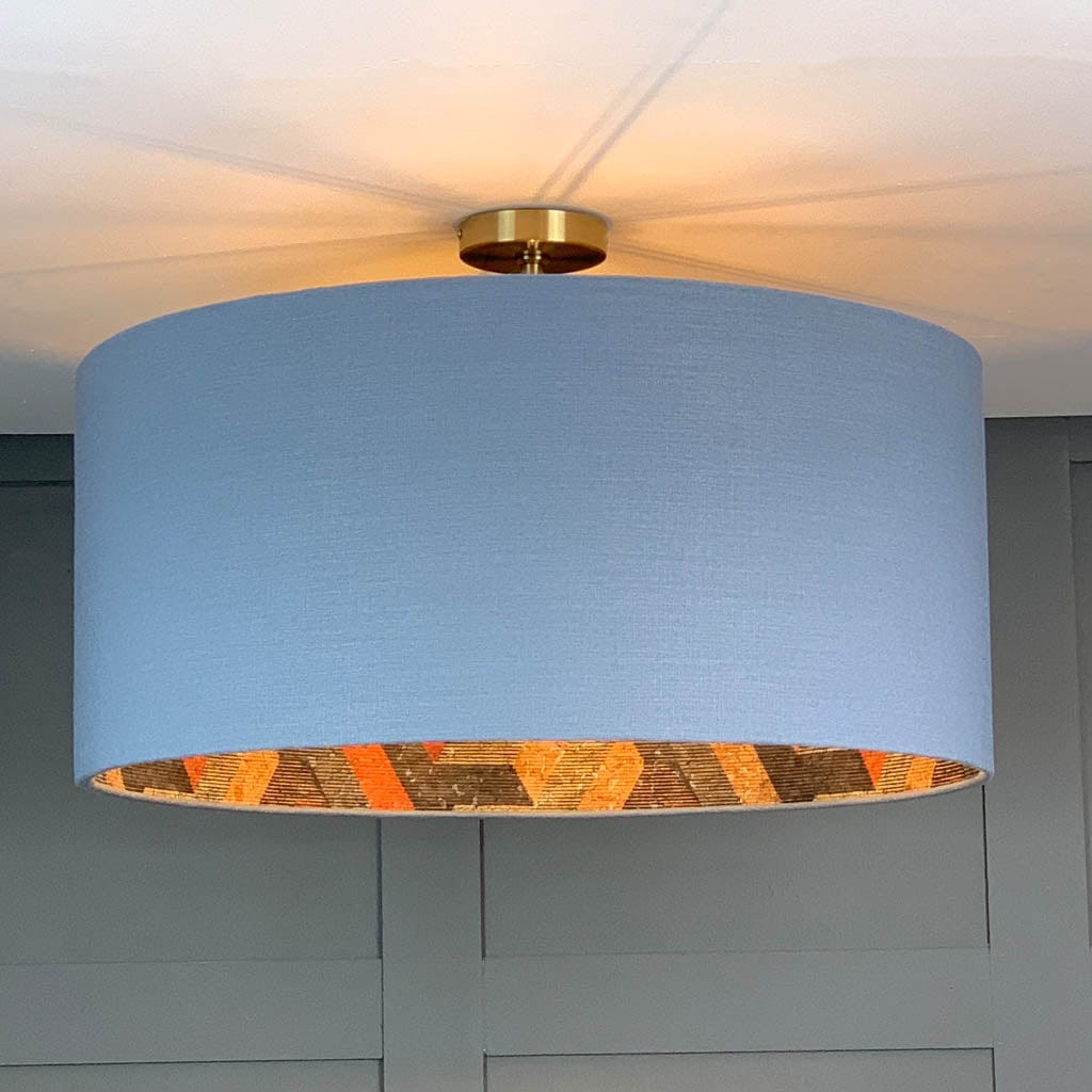 Saxon Slate Linen Pendant Shade with Anthology Escheresque Copper/Slate Cork Wallpaper Lining