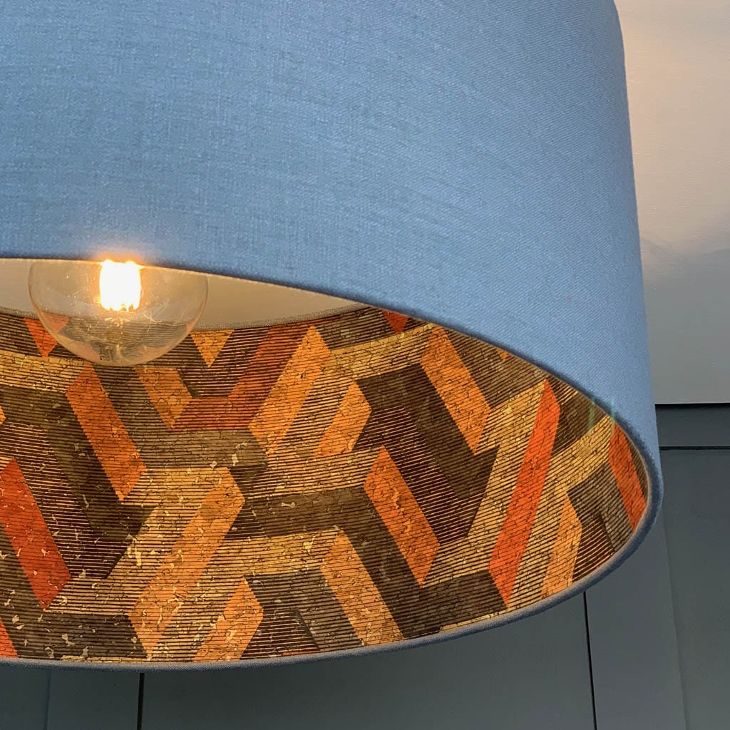 Saxon Slate Linen Pendant Shade with Anthology Escheresque Copper/Slate Cork Wallpaper Lining