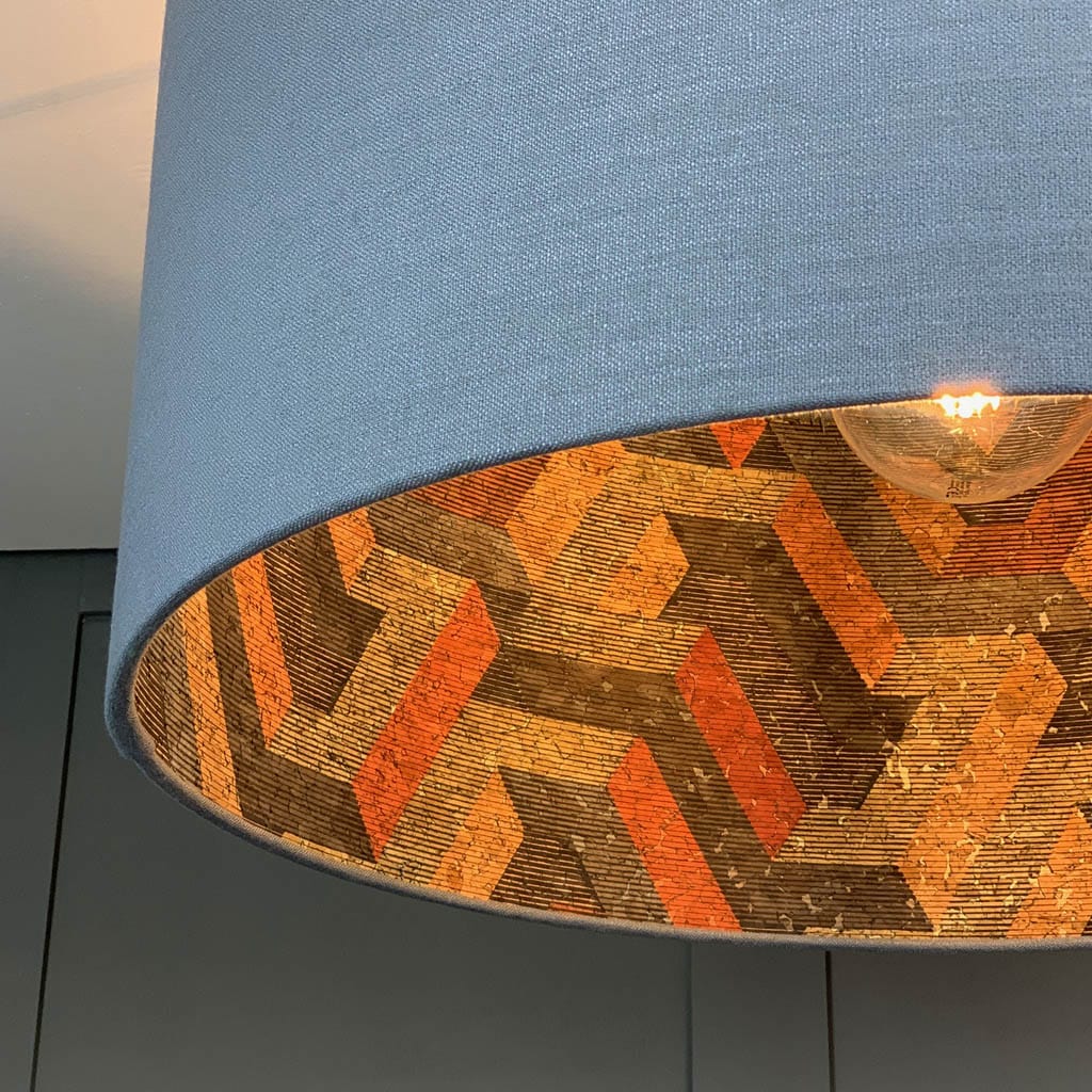 Saxon Slate Linen Pendant Shade with Anthology Escheresque Copper/Slate Cork Wallpaper Lining