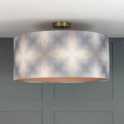 Julia Clare's Peacock Feather Linen in Warm Ash & Blue Pendant Shade with Malt/Neutral Silk Lining