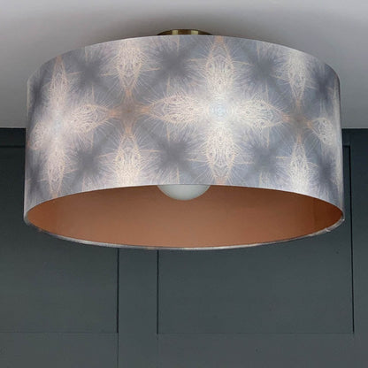 Julia Clare's Peacock Feather Linen in Warm Ash & Blue Pendant Shade with Malt/Neutral Silk Lining
