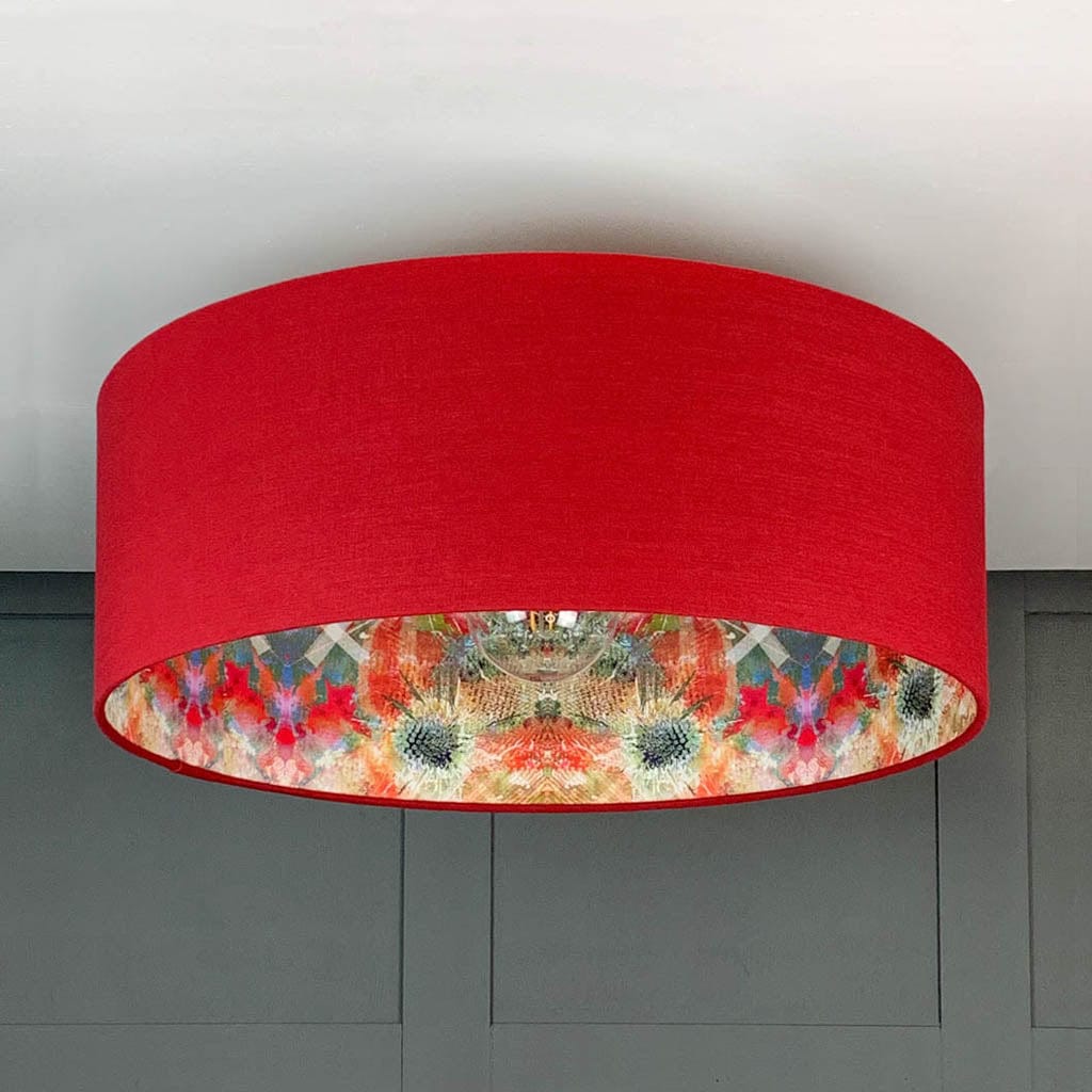 Saxon Cassis Pendant Shade with Mairi Helena Summer Thistle Wallpaper Lining