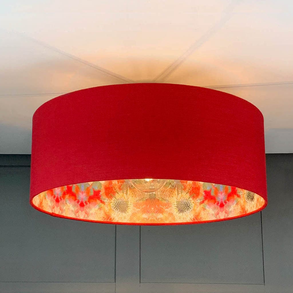 Saxon Cassis Pendant Shade with Mairi Helena Summer Thistle Wallpaper Lining