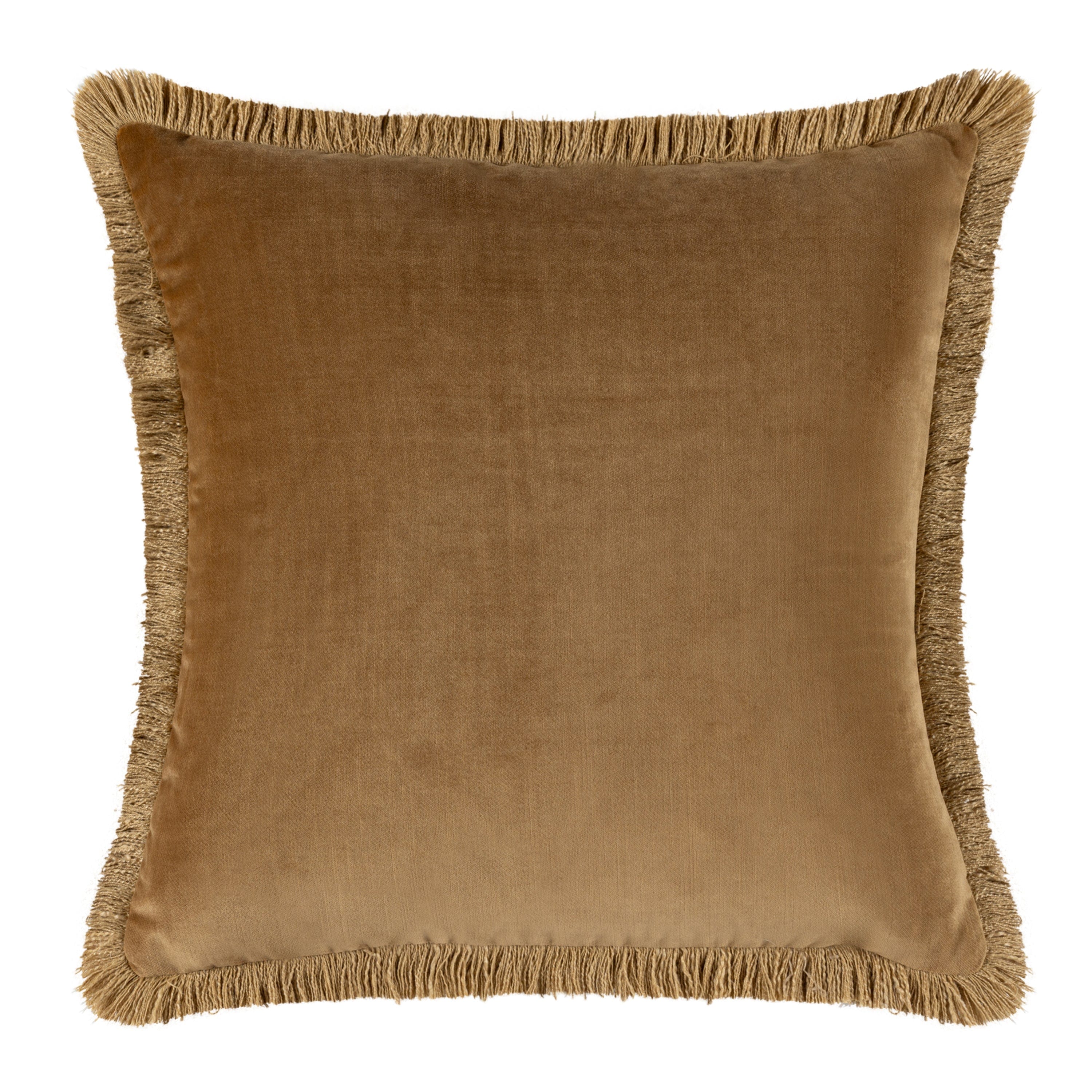 Antique velvet pillow with frayed tassel edges on a white background