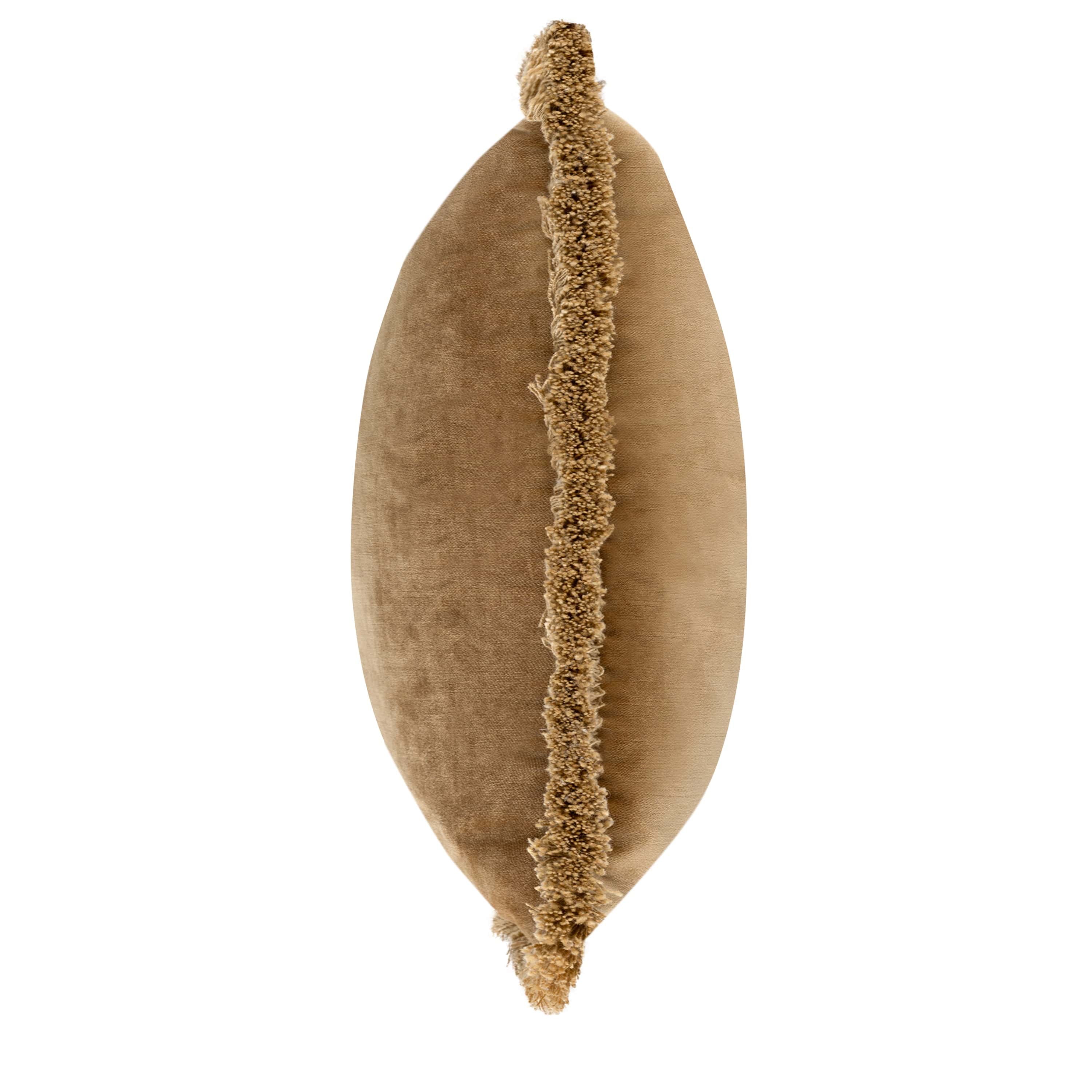 Antique Gold decorative pillow with frayed tassle edge on a white background