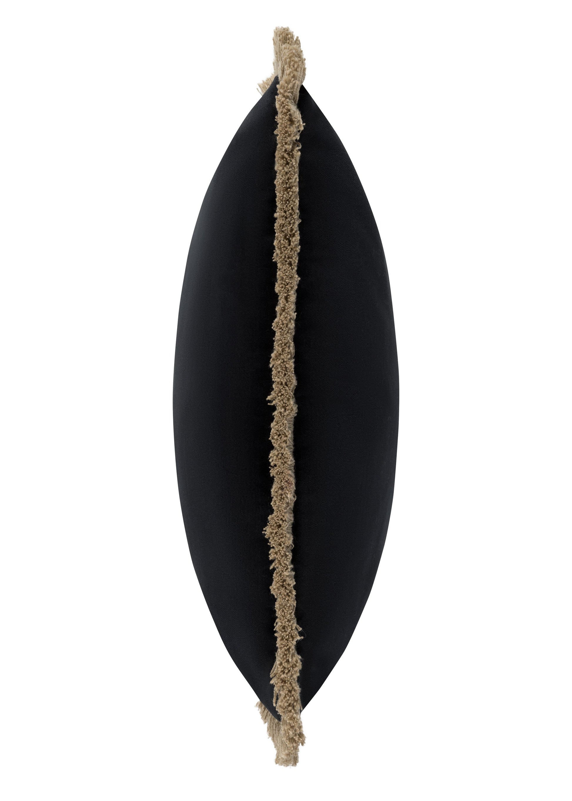 Black oval cushion side with a textured brown tassel strap on a white background