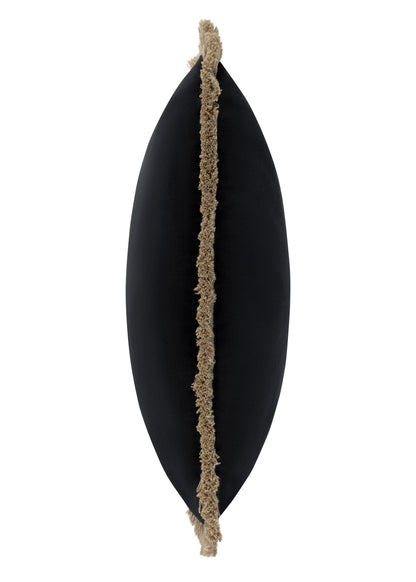 Black oval cushion side with a textured brown tassel strap on a white background