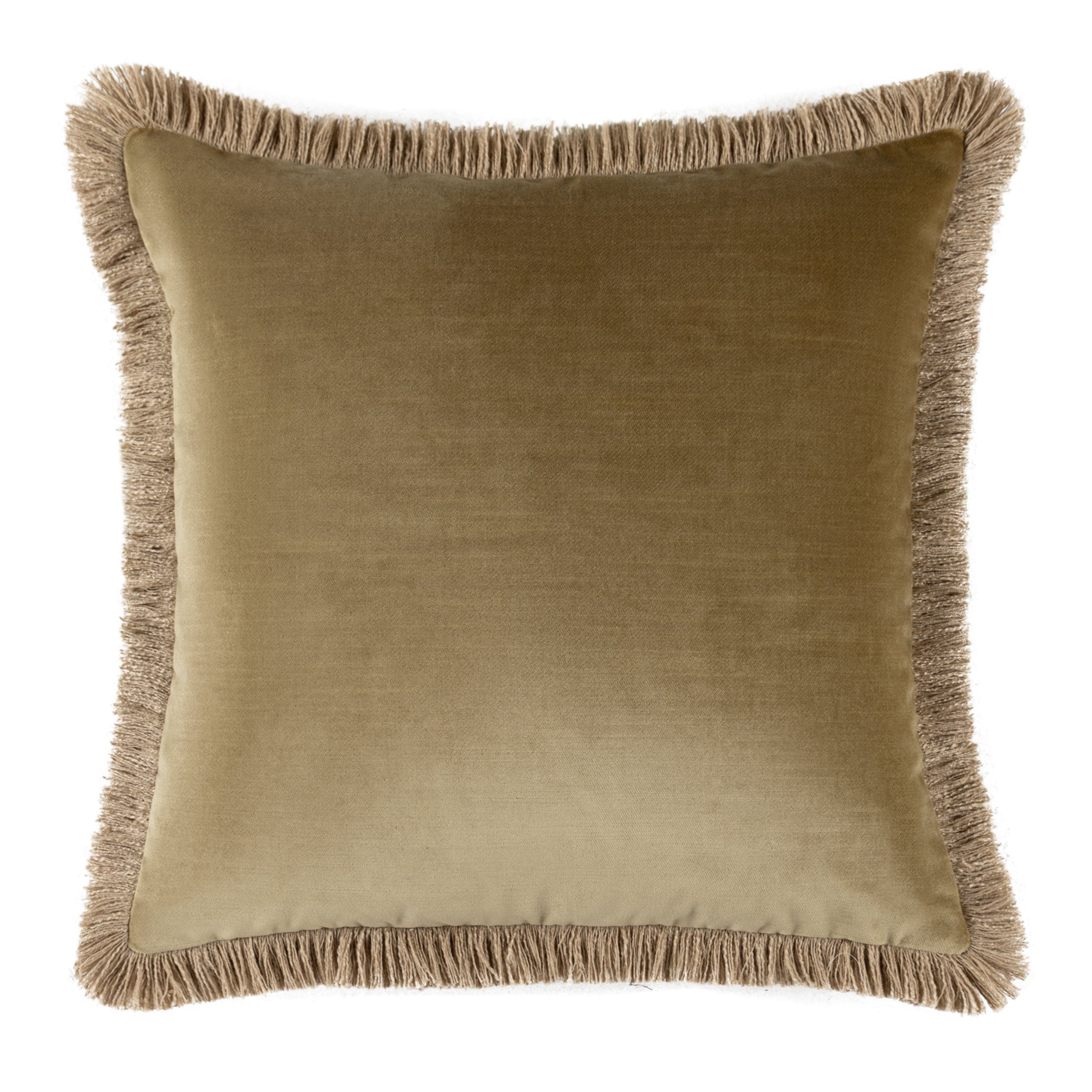 Olive Green velvet pillow with frayed edges on a white background