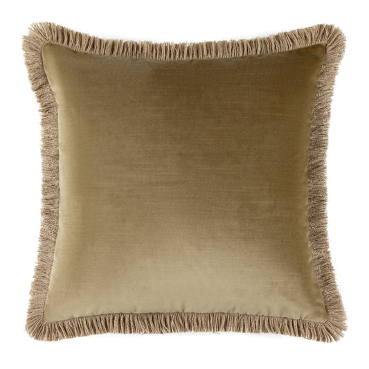 Olive Green velvet pillow with frayed edges on a white background