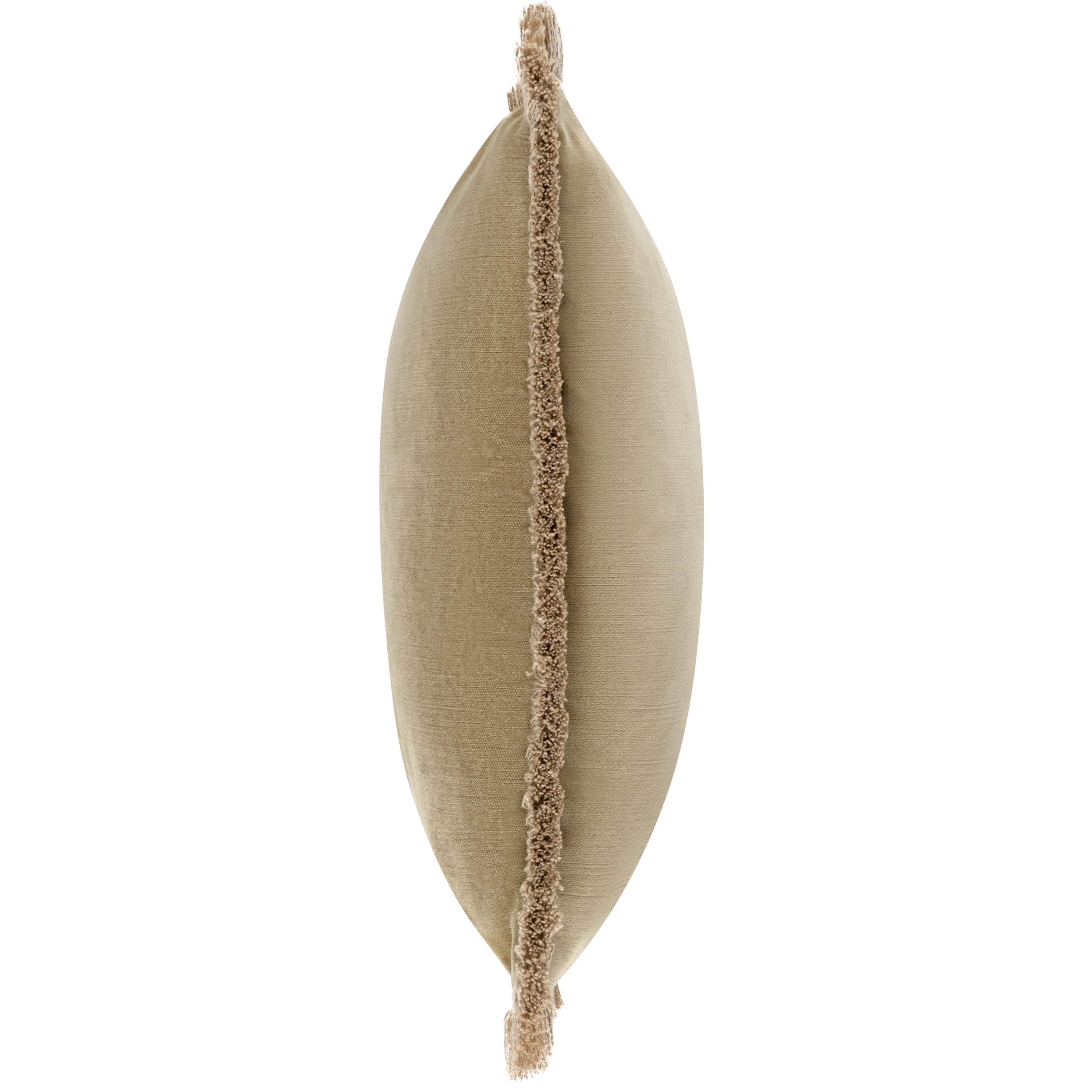Olive green decorative pillow with a fringed edge on a white background